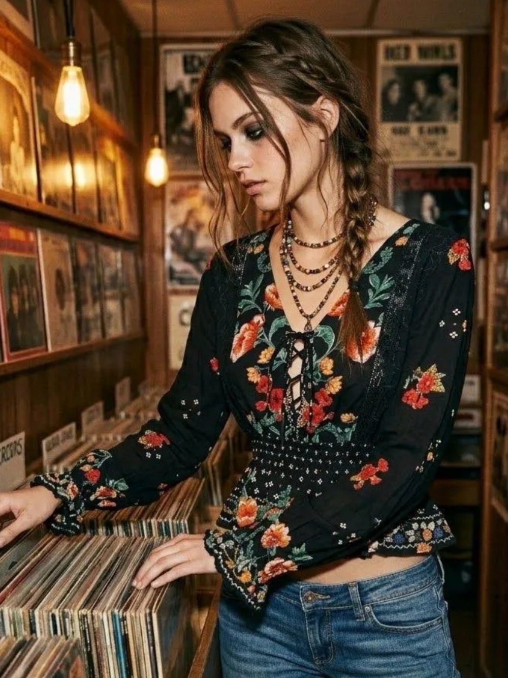 Vintage Angie Black Floral Smocked Peplum Blouse